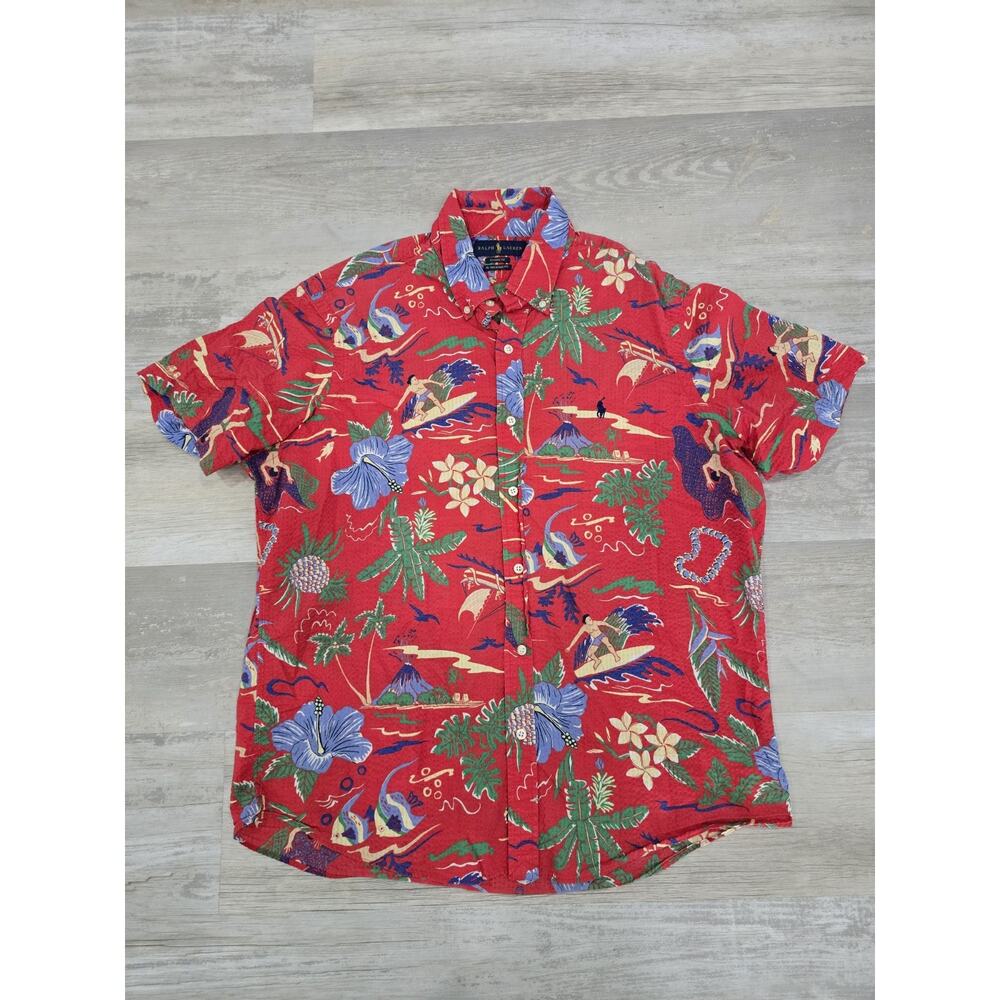 VINTAGE 90s Polo Ralph Lauren Red EUC Hawaiian Shirt - Surfer Print - Men's L